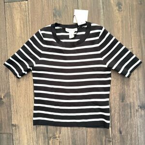 Happily Grey Black and White Striped Fitted Ribbed Short Sleeve Top Jr. L NWT